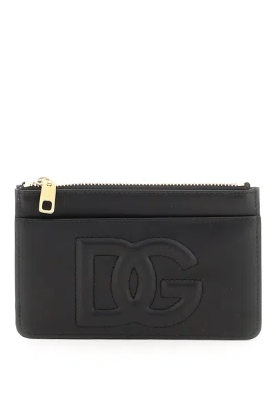 Dolce & Gabbana Logo Embossed Top Zip Card Holder In Black
