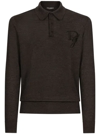 Dolce & Gabbana Logo-embroidered Cashmere Polo Shirt In グレー