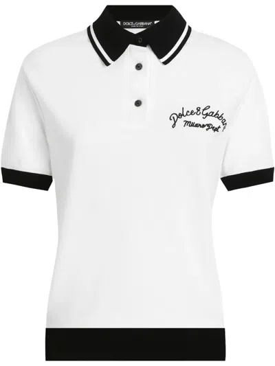 Dolce & Gabbana Logo-embroidered Cotton Polo Top In White