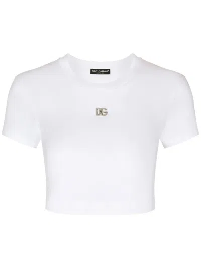 Dolce & Gabbana Logo-plaque Cotton Cropped T-shirt In Optical White