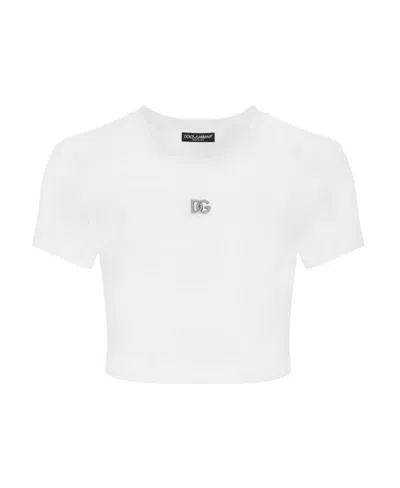 Dolce & Gabbana Logo-plaque Cotton Cropped T-shirt In Optical White