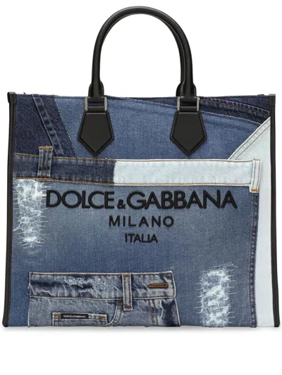 Dolce & Gabbana Patchwork-jeans Tote Bag In Blue