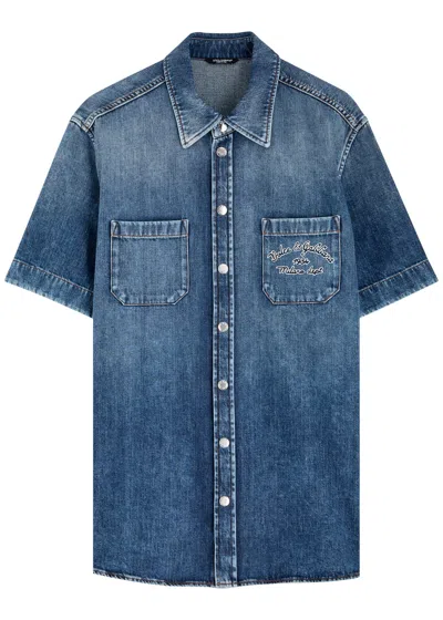 Dolce & Gabbana Logo-embroidered Denim Shirt In Blue