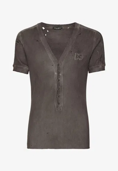 Dolce & Gabbana Logo-embroidered Distressed T-shirt In Gray