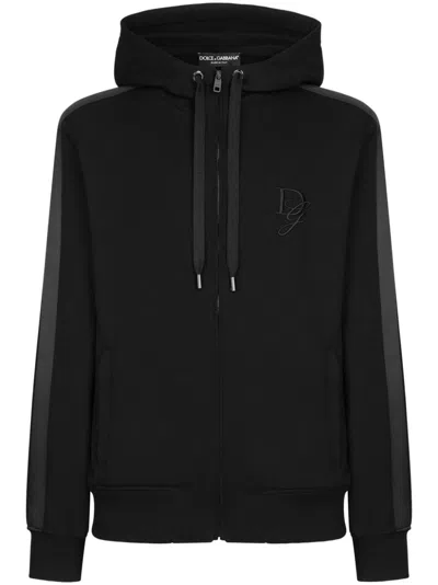 Dolce & Gabbana Cotton Jersey Hoodie With Dg Embroidery In Noir