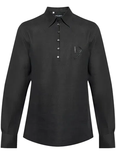 Dolce & Gabbana Logo-embroidered Linen Shirt In Black