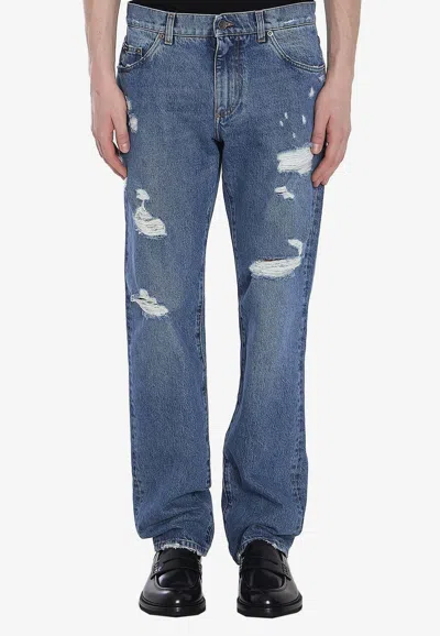 Dolce & Gabbana Logo Embroidered Ripped Jeans In Blue