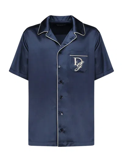 Dolce & Gabbana Logo Embroidered Satin Shirt In Blue
