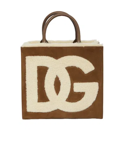 Dolce & Gabbana Logo-embroidered Shearling-detail Bag In Nude
