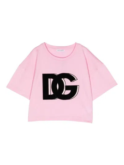 Dolce & Gabbana Kids' Logo-embroidered Short-sleeve T-shirt In Pink