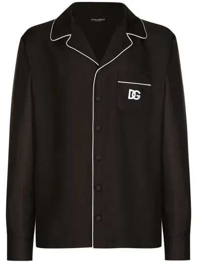 Dolce & Gabbana Silk Shirt With Dg Logo-embroidered Patch In Black