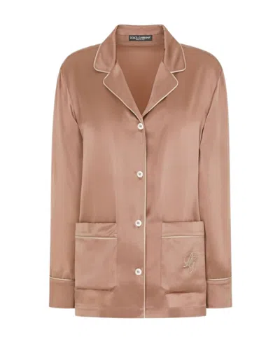 Dolce & Gabbana Logo-embroidered Silk Pajama Top In Nude