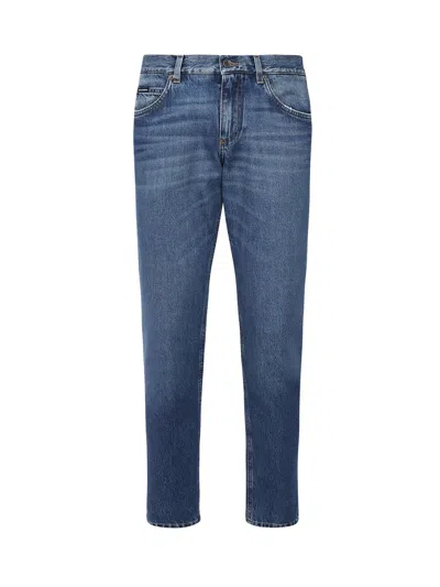 Dolce & Gabbana Logo Embroidered Slim-fit Jeans In Blue