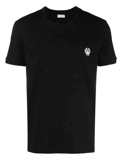Dolce & Gabbana Logo Embroidered Stretch Cotton T Shirt In Black