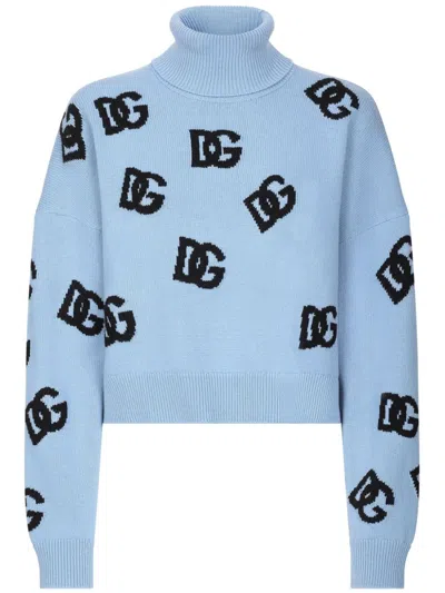 Dolce & Gabbana Dg Logo Inlay Turtleneck Sweater In Light Blue