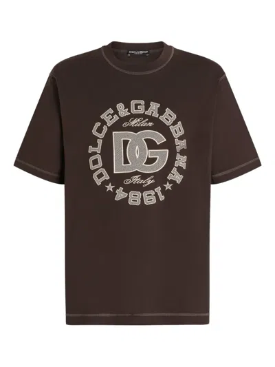 Dolce & Gabbana Logo-embroidered T-shirt In Brown