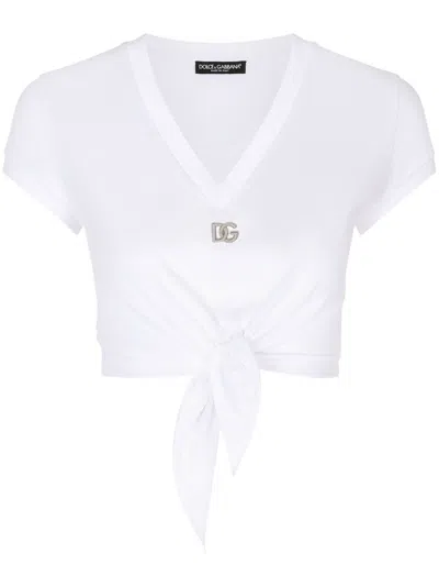 Dolce & Gabbana Logo-embroidered Tie-waist T-shirt In White