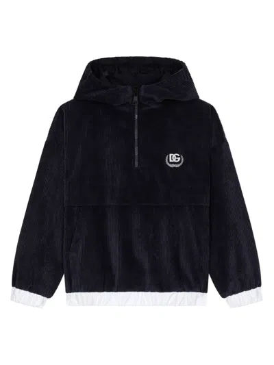 Dolce & Gabbana Kids' Logo-embroidered Velvet Hoodie In Blue