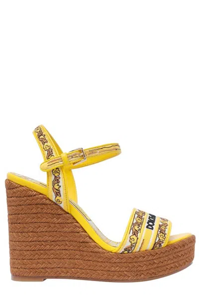 Dolce & Gabbana Maiolica Print Logo Charmeuse Wedged Sandals In Multicolor