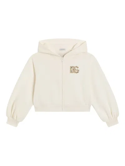 Dolce & Gabbana Kids' Hooded Sweatshirt With Dg Embroidery And Rhinestones In White