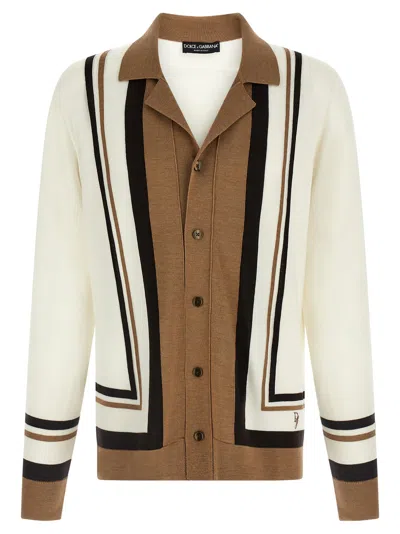 Dolce & Gabbana Wool Cardigan With Dg Embroidery In Neutrals