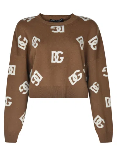 Dolce & Gabbana Logo Embroidery Cropped Sweater In Beige