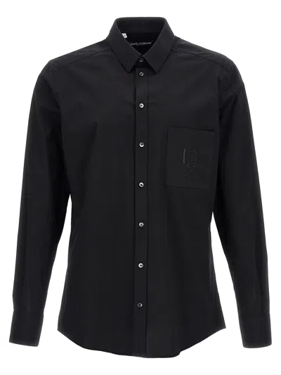 Dolce & Gabbana Embroidered Logo Shirt With Button-down Collar In Black