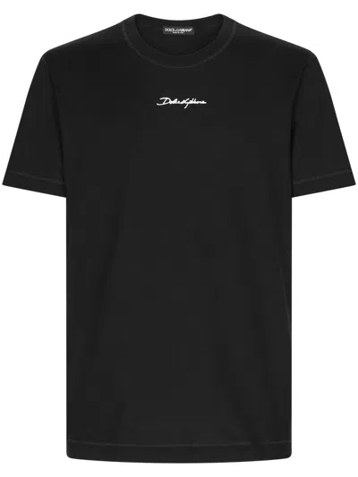 DOLCE & GABBANA BLACK CREWNECK T-SHIRT WITH SIGNATURE LOGO IN COTTON MAN