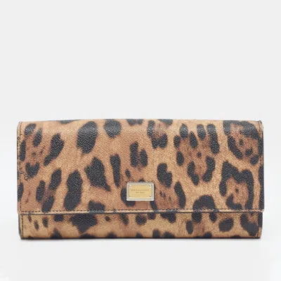 Pre-owned Dolce & Gabbana Logo Flap Beige/black Leopard Print Coated Canvas And Leather Continental Wallet In Sand
