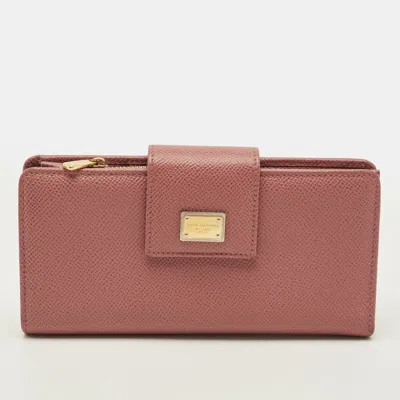 Pre-owned Dolce & Gabbana Logo Flap Dusty Pink Leather Continental Wallet