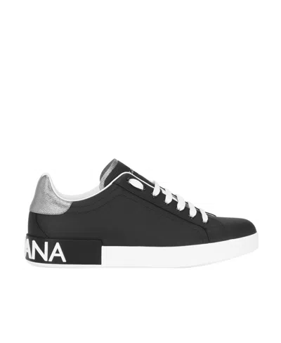 Dolce & Gabbana Portofino Sneakers In Black Leather With Silver Inserts Dolce E Gabbana