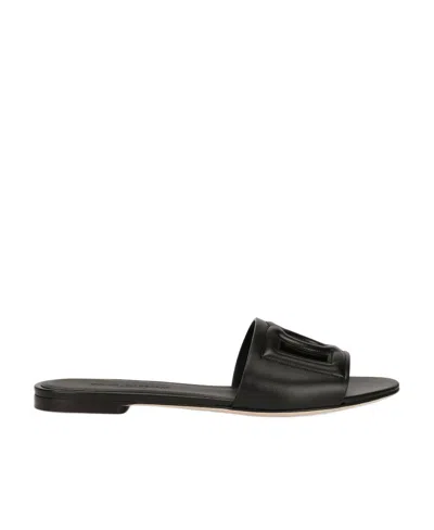 Dolce & Gabbana Embellished Leather Slide Slippers In Black