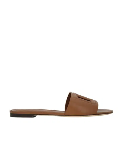 Dolce & Gabbana Slide Sandals With Cut Out Logo In Leather Woman In Brown