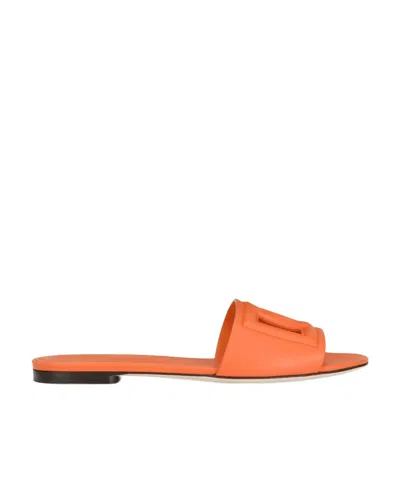 Dolce & Gabbana Slide Sandals In Orange Leather With Logo In Red