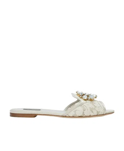 Dolce & Gabbana Bianca Crystal Embellished Lace Flat Sandals In White