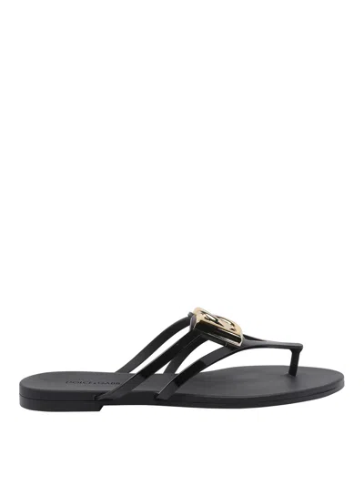 Dolce & Gabbana Women Black Thong Sandals With Logo Plaque On The Front In Rubber Woman
