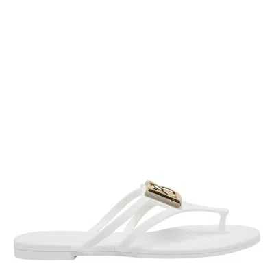 Dolce & Gabbana White Thong Sandals With Logo Plaque On The Front In Rubber Woman In Multi