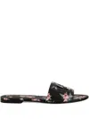 Dolce & Gabbana Calfskin Flat Slippers With Rose Print In Black