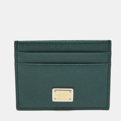 Pre-owned Dolce & Gabbana Logo Green Leather Card Holder