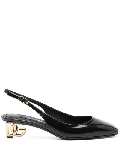 Dolce & Gabbana Logo-heel Patent Leather Slingback Pumps In Black