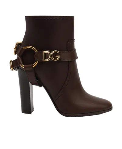 Dolce & Gabbana Logo High-heeled Ankle Boots In Brown