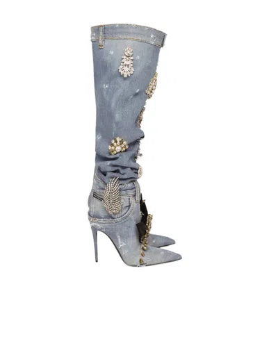 Dolce & Gabbana Patchwork-denim Knee-high Boots In Blue