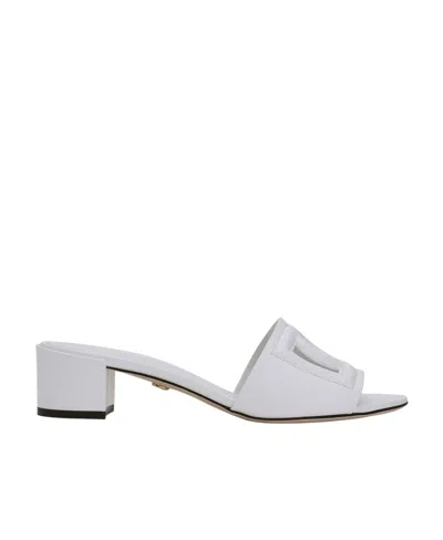 Dolce & Gabbana White Mules With Low Heel And Dg Millennials Detail In Smooth Leather