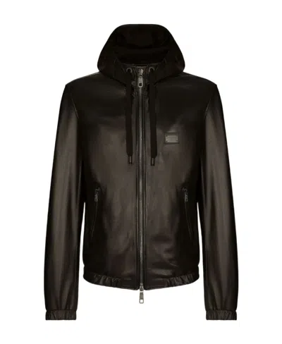 Dolce & Gabbana Leather Jacket With Hood And Branded Tag In Black