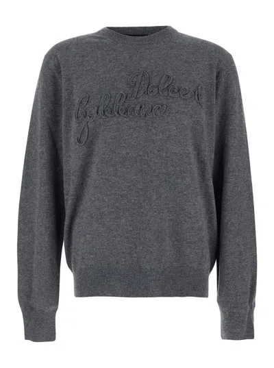 DOLCE & GABBANA GREY CREWNECK SWEATER WITH LOGO LETTERING ON THE FRONT IN WOOL MAN
