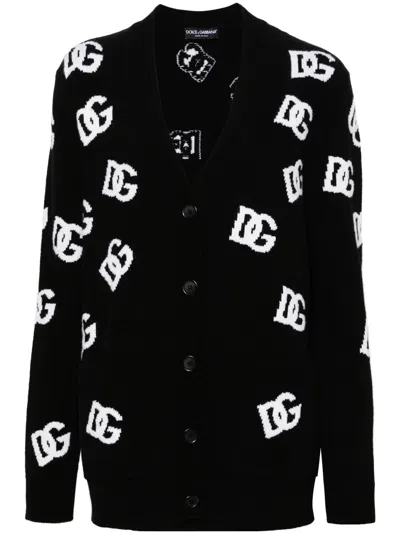 Dolce & Gabbana Logo-intarsia Virgin Wool Cardigan In Black