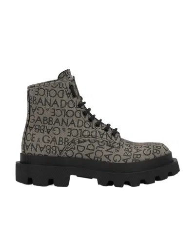DOLCE & GABBANA DOLCE  GABBANA LOGO JACQUARD LACE-UP ANKLE BOOTS