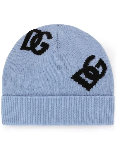 Dolce & Gabbana Wool Jacquard Hat With Dg Logo In Azure