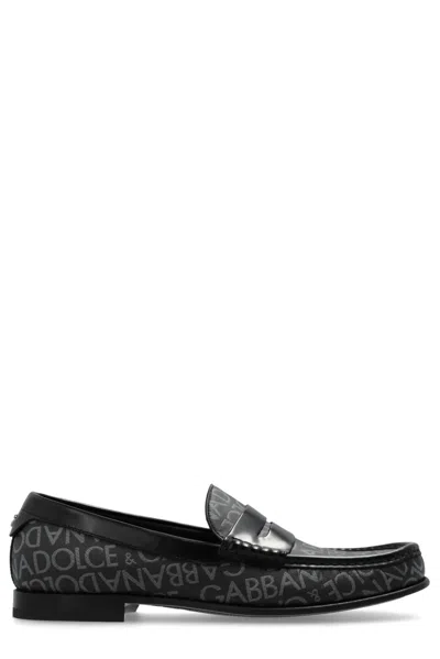 Dolce & Gabbana Logo Jacquard Fabric Loafers In Black