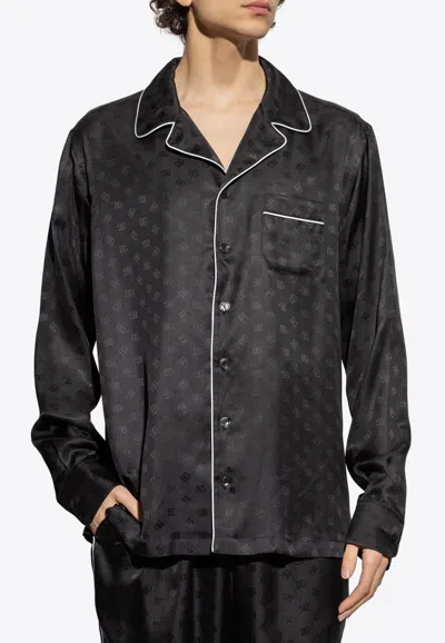 Dolce & Gabbana Logo Jacquard Silk Pajama Shirt In Black